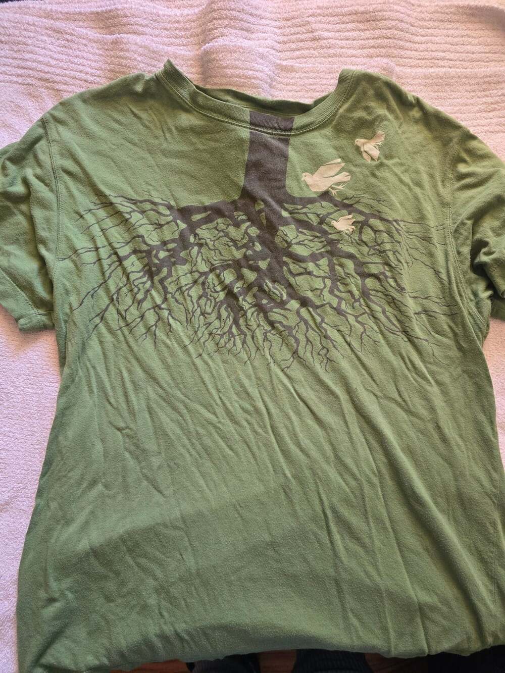 Brown Sound Graphic T-Shirt Size L Green Tree Roots Birds